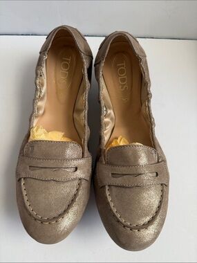 Tod's Metallic Gold Leather Penny Loafer-Style Ballet Flats w/Rubber Driver Sole